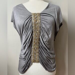 Akiko Draped Silk Blend Top Blouse Womens Small Gray Gold Embellishments Party